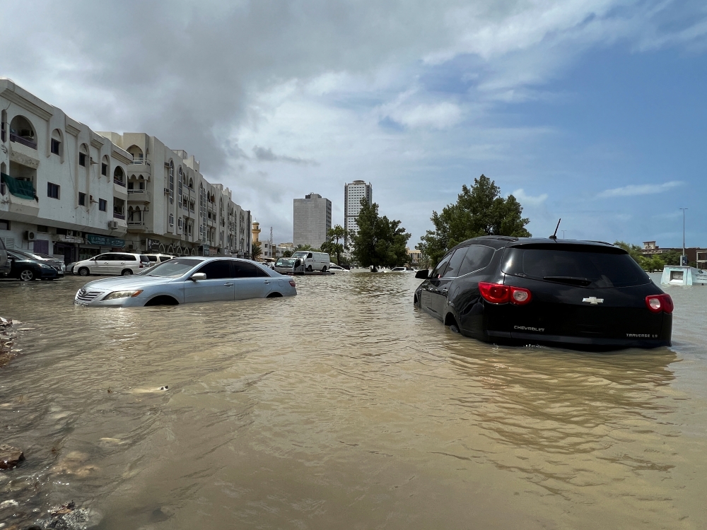 General view of flood water following a day of heavy rain in Fujairah, UAE, on Thursday. - Reuters 