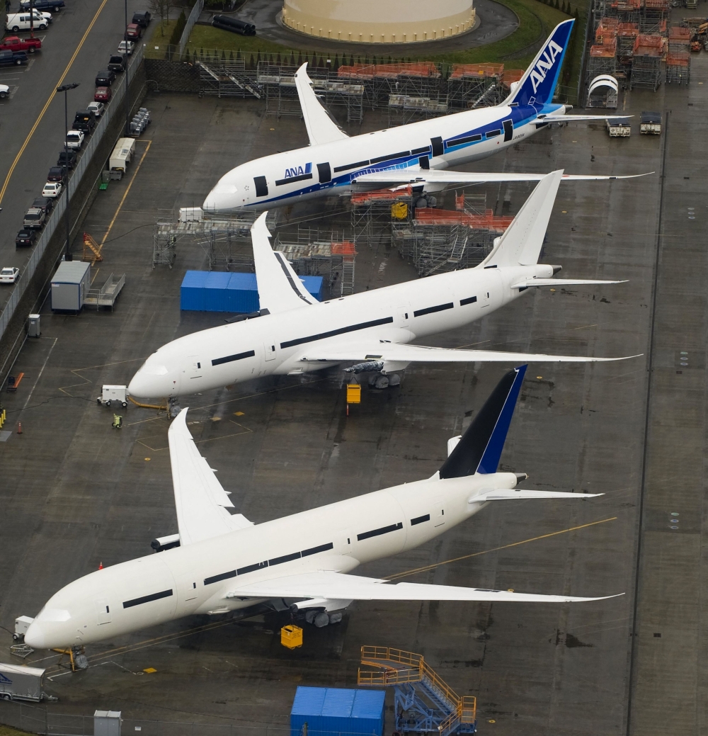 Boeing 787 Dreamliner aircraft for ANA and other airlines sit on the tarmac at the Boeing production facilities and factory at Paine Field in Everett, Washington. 