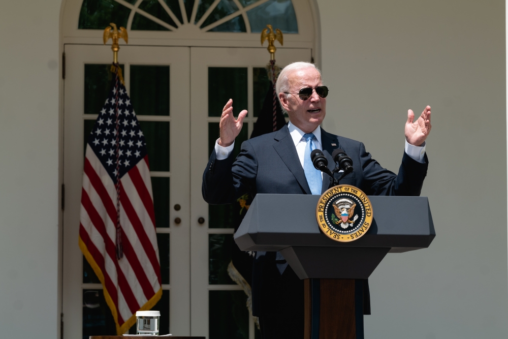 President Joe Biden makes his his first public appearance on Wednesday, July 27, 2022, in the Rose Garden since testing negative for COVID-19. (Cheriss May/The New York Times)