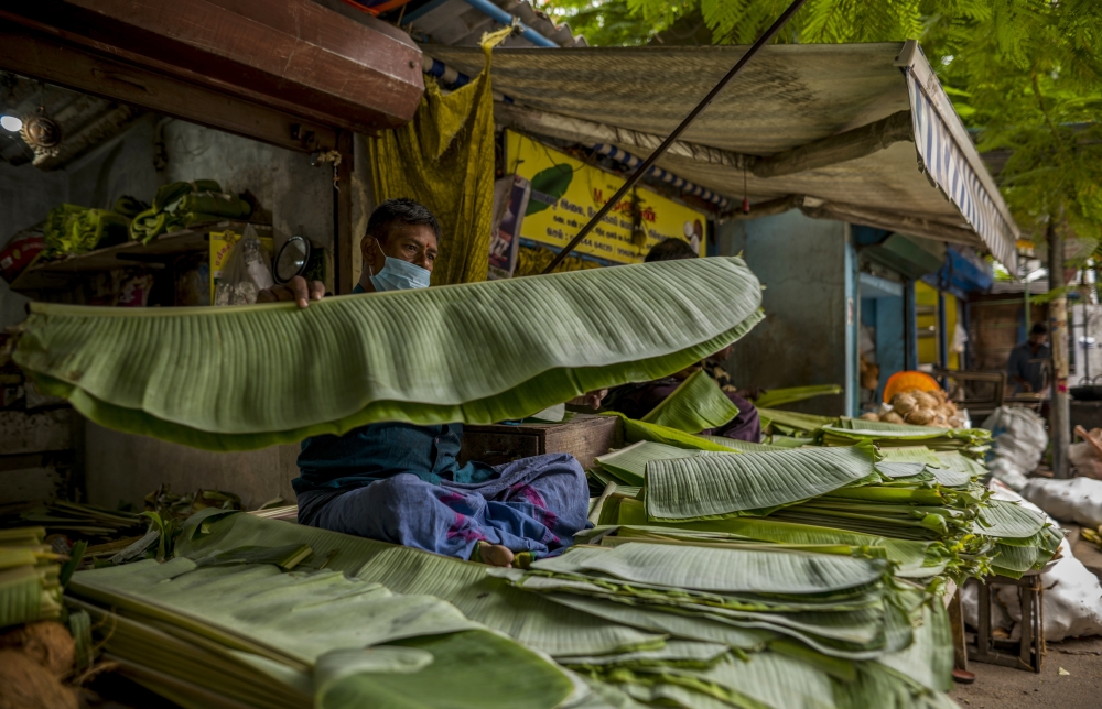 A vendor of banana leaves, a traditional way of plating or wrapping some foods that is gaining popularity in the face of a ban on disposable plastics, in Chennai, India, July 8, 2022. (Anindito Mukherjee/The New York Times)