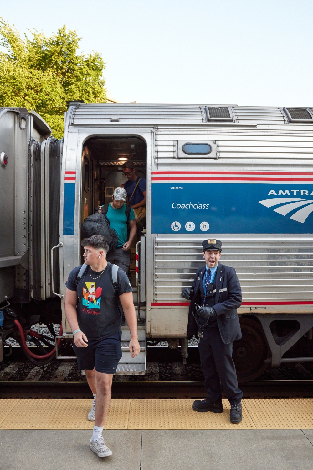 Passengers disembark the Berkshire Flyer at the Joseph Scelsi Intermodal Transportation Center in Pittsfield, Mass., July 28, 2022. (Tara Donne/The New York Times)