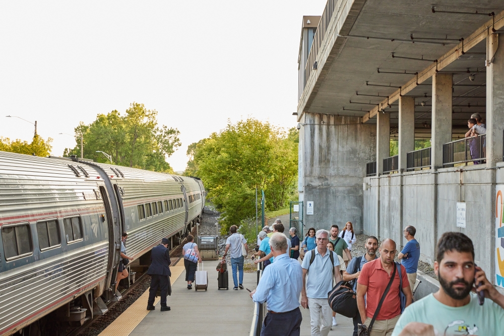 Passengers disembark the Berkshire Flyer at the Joseph Scelsi Intermodal Transportation Center in Pittsfield, Mass., July 28, 2022. (Tara Donne/The New York Times)