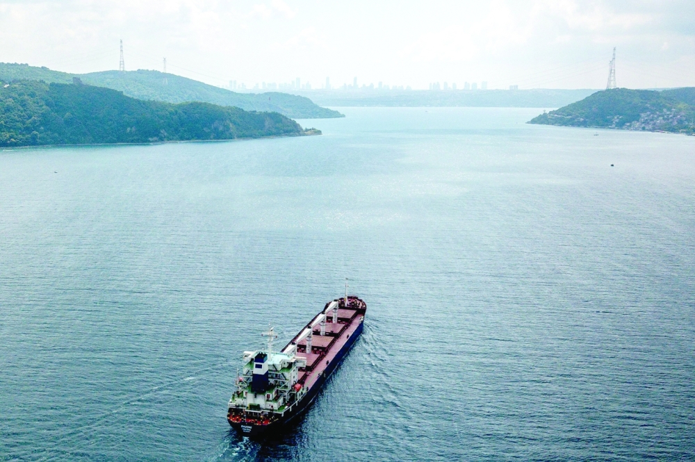 An aerial view shows the Sierra Leone-flagged cargo vessel Razoni sailing en route to Tripoli, Lebanon, along the Bosphorus Strait on Wednesday, after being officially inspected. -- AFP
