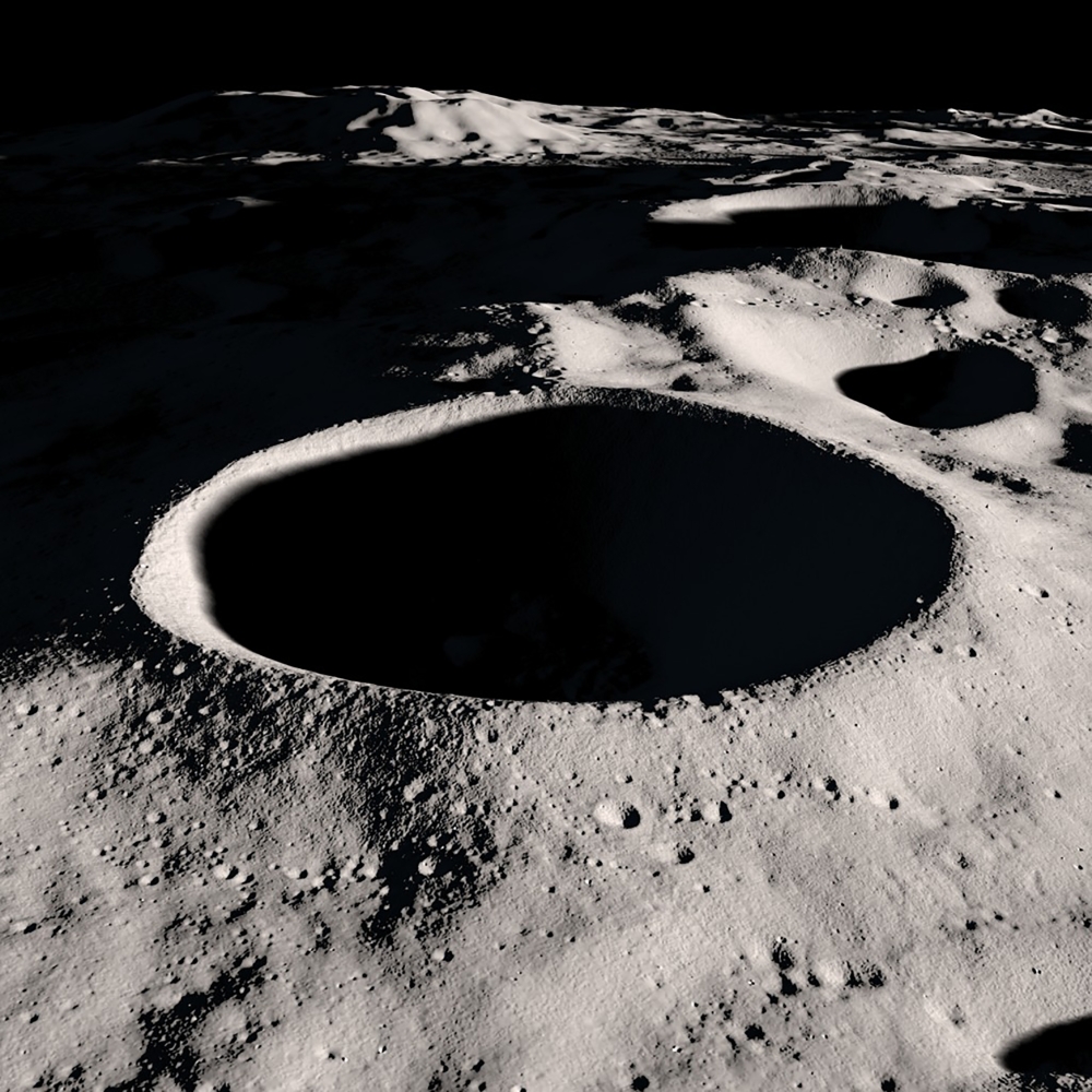 An undated photo from NASA's Scientific Visualization Studio of the Shackleton Crater at the lunar south pole, one of many that are perpetually in shadow. (NASA's Scientific Visualization Studio via The New York Times)