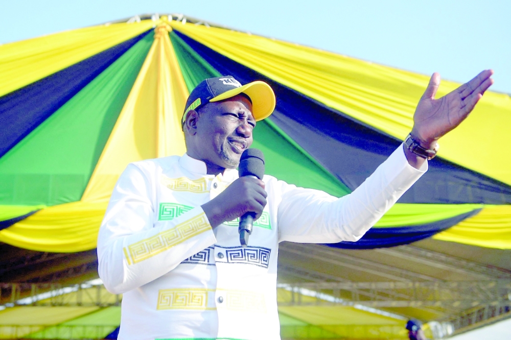 Kenya's Deputy President and presidential candidate William Ruto of Kenya Kwanza (Kenya first) political party coalition addresses the rally on the final day of campaigning at the Nyayo National Stadium in Nairobi on Saturday. - AFP