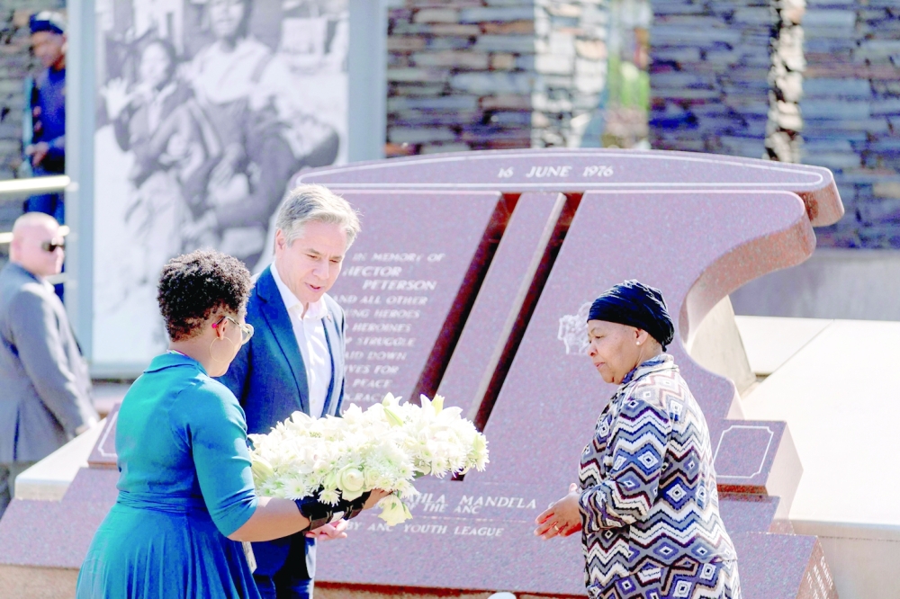 Blinken lays a wreath at the Hector Pieterson Memorial in Soweto. -- AFP