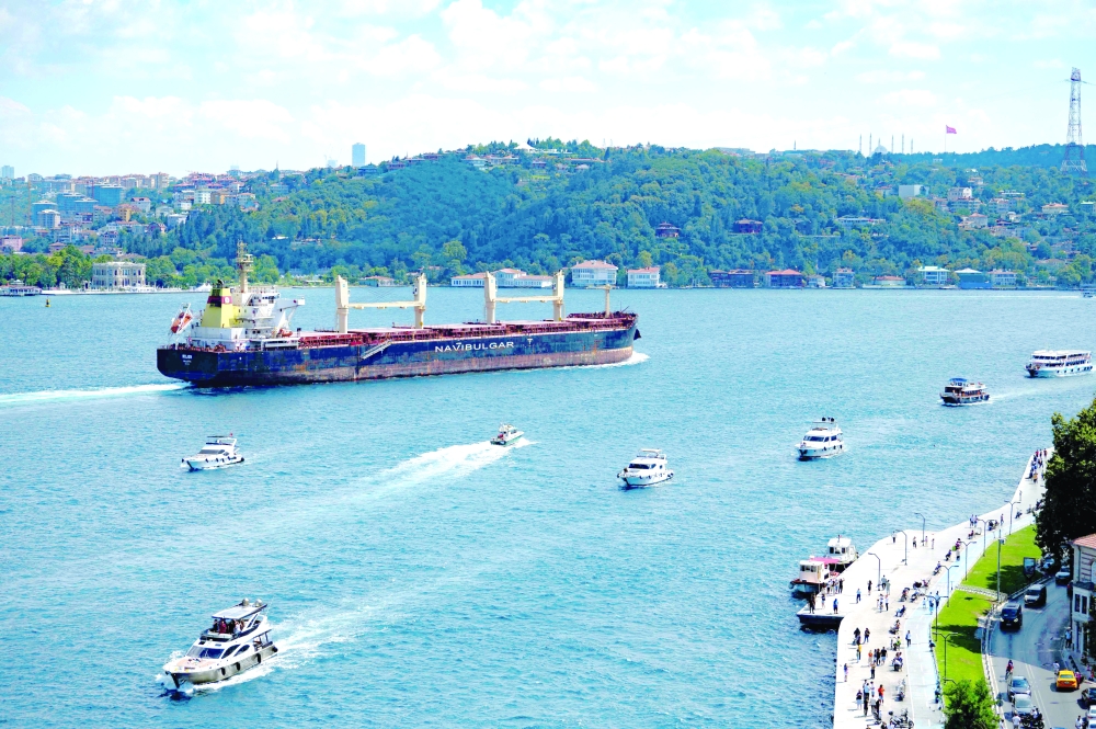 Malta-flagged bulk carrier M/V Rojen carrying tonnes of grain from Ukraine sails along the Bosphorus Strait in Istanbul on Sunday. -- AFP