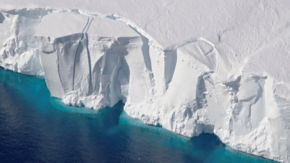 An aerial view of the 200-foot-tall (60-meter-tall) front of the Getz Ice Shelf with cracks, in Antarctica.