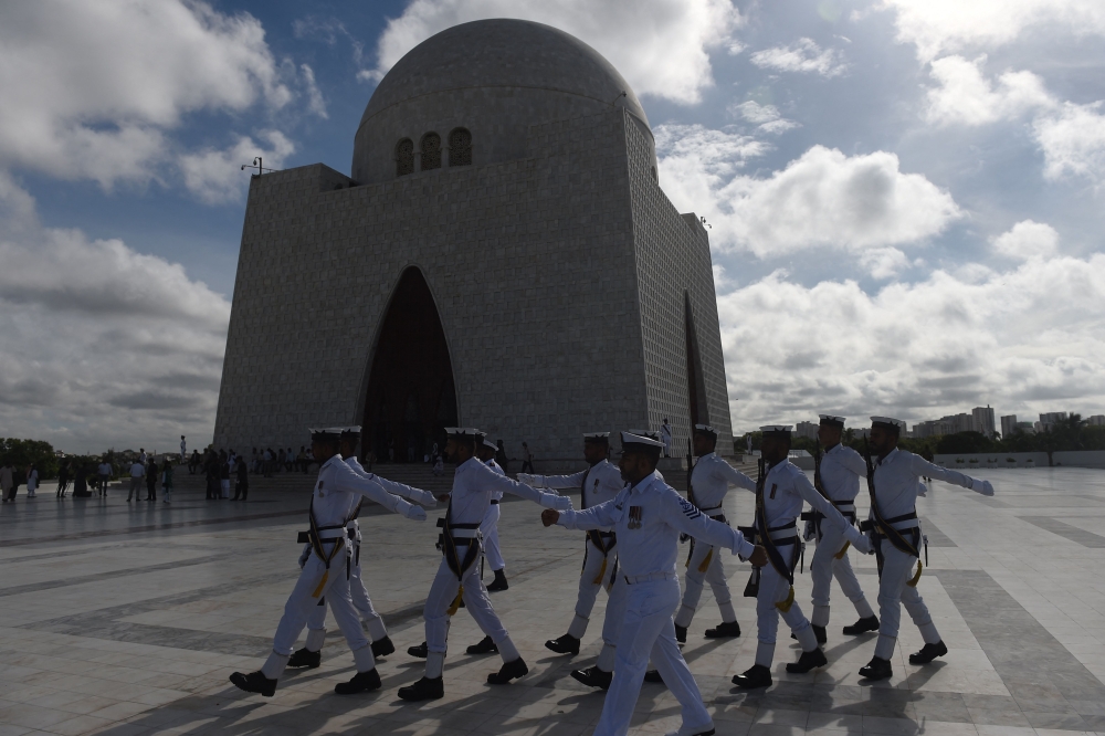 Pakistani Naval cadets march at the mausoleum of the country's founder Mohammad Ali Jinnah after the 75th Independence Day ceremony in Karachi on August 14.