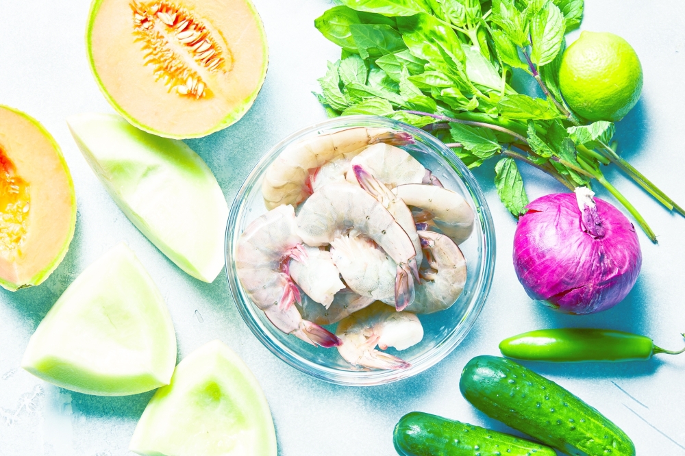 Ingredients to make a shrimp salad, in New York, on July 20, 2022. Food Stylist: Simon Andrews. (Christopher Testani/The New York Times)