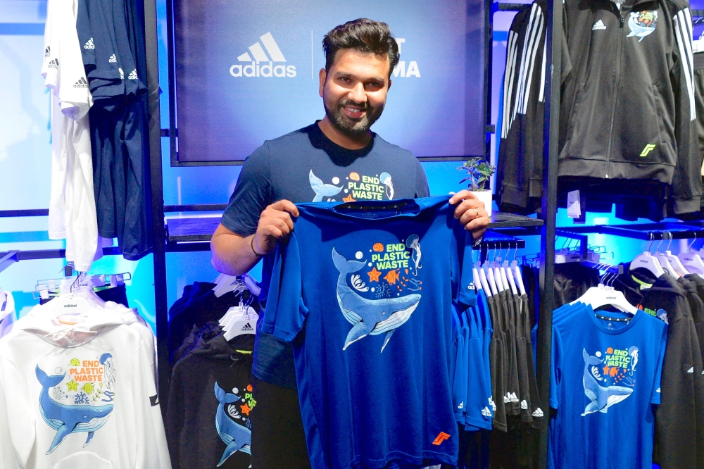 Indian cricket captain Rohit Sharma poses during the launch of his limited edition sportswear line of sustainable apparel range in collaboration with Adidas, themed with a message to end plastic waste, in Mumbai. -- AFP

