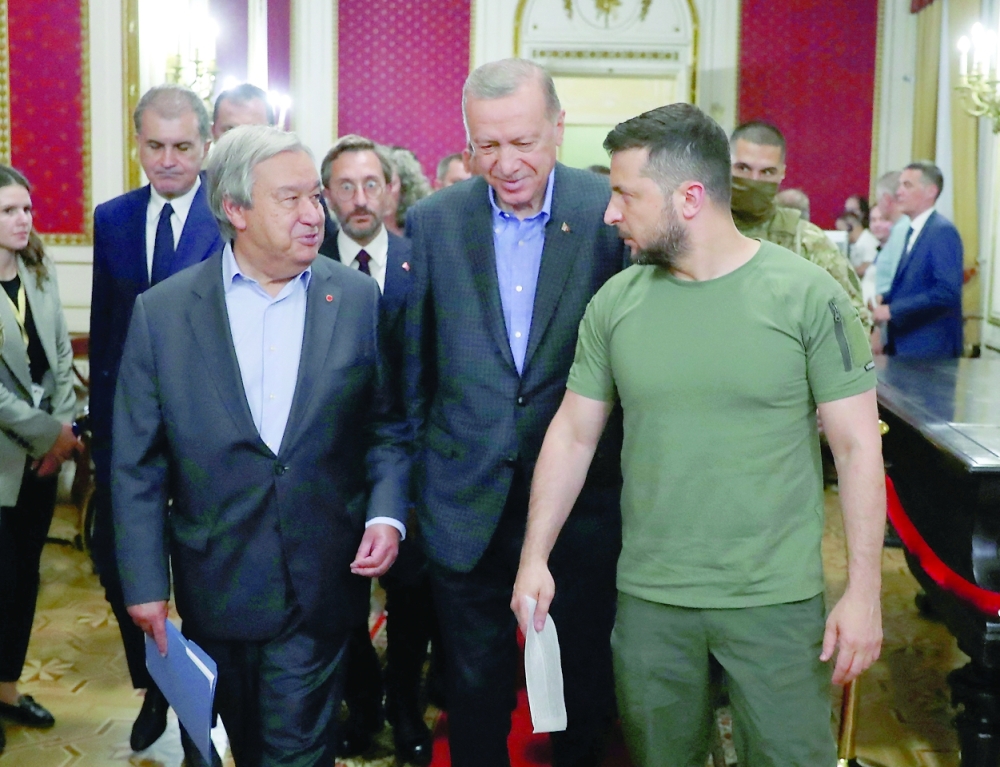 Turkish President Tayyip Erdogan, Ukraine's President Volodymyr Zelensky and UN Secretary-General Antonio Guterres arrive at a news conference in Lviv on Thursday. -- Reuters