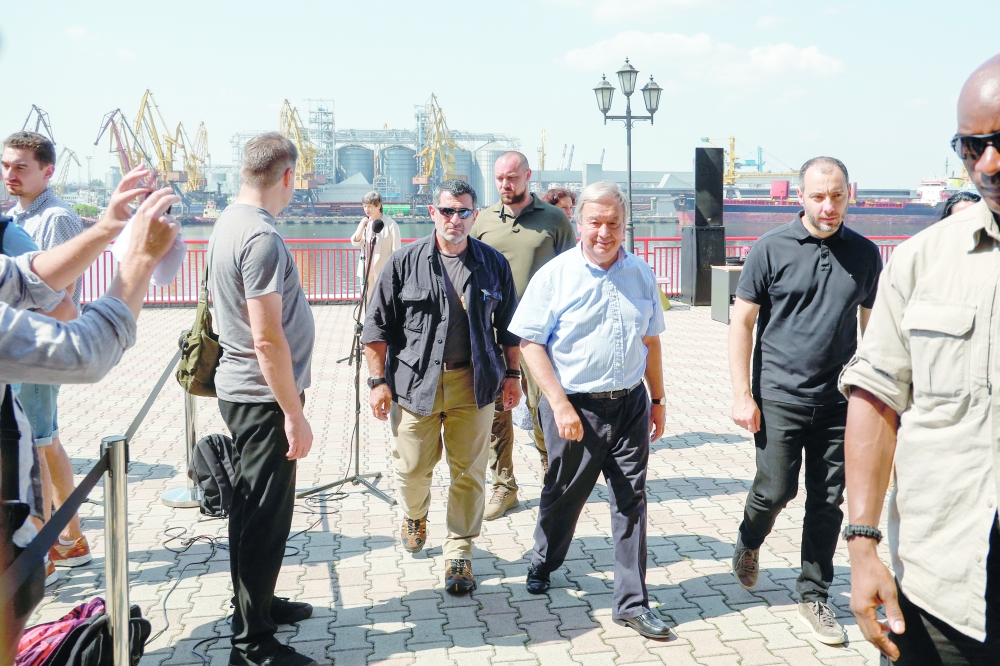 UN Secretary-General Antonio Guterres leaves after a news briefing in the sea port in Odesa, Ukraine, after restarting grain export on Friday. - Reuters