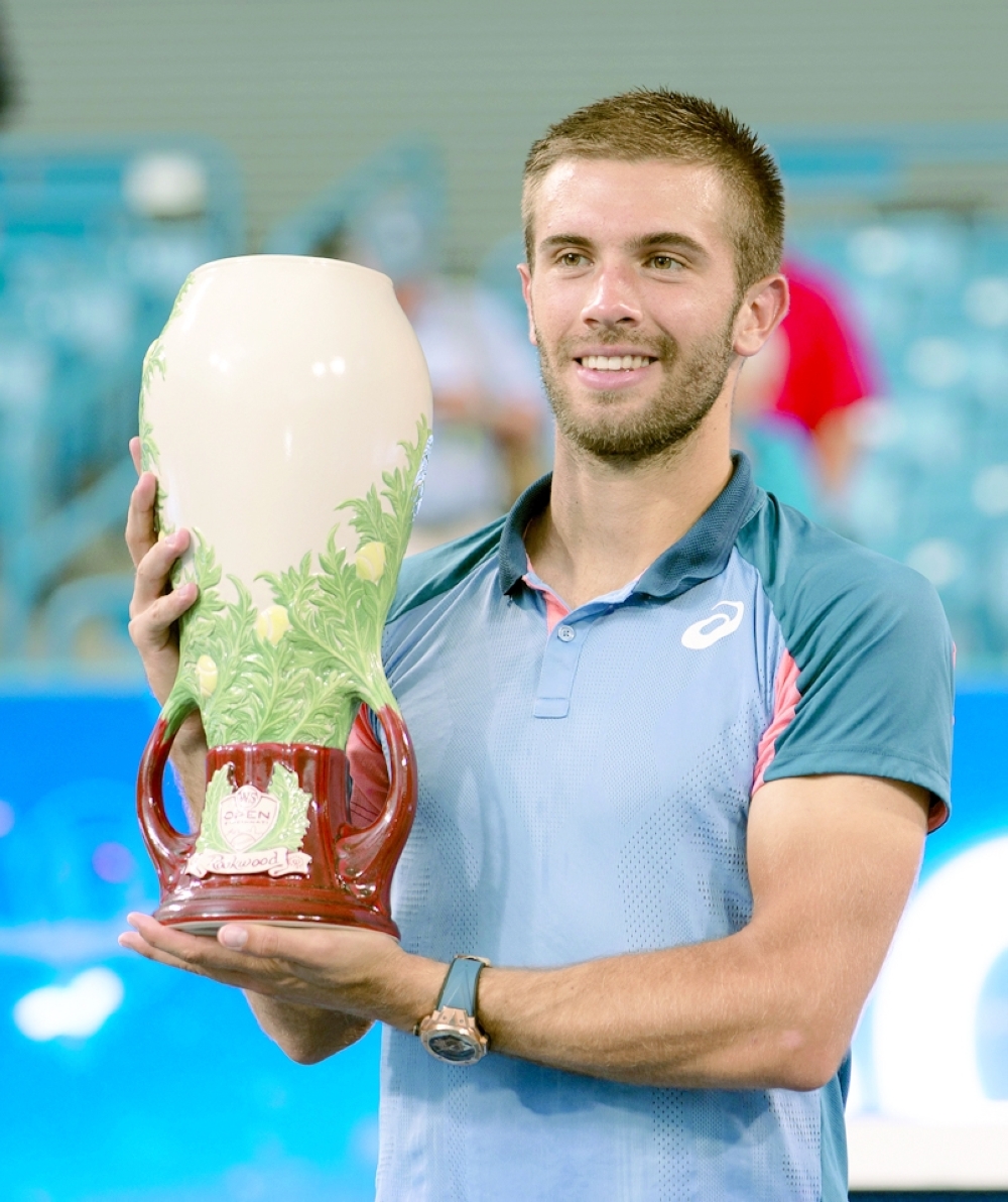 Aug 21, 2022; Cincinnati, OH, USA; Borna Coric (CRO) poses with the trophy after winning the men’s final match against Stefanos Tsitsipas (GRE) at the Western & Southern Open at the Lindner Family Tennis Center. Mandatory Credit: Susan Mullane-USA TODAY Sports
