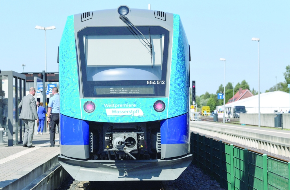 A train powered entirely by hydrogen is pictured in Bremervoerde on Wednesday. -- AFP