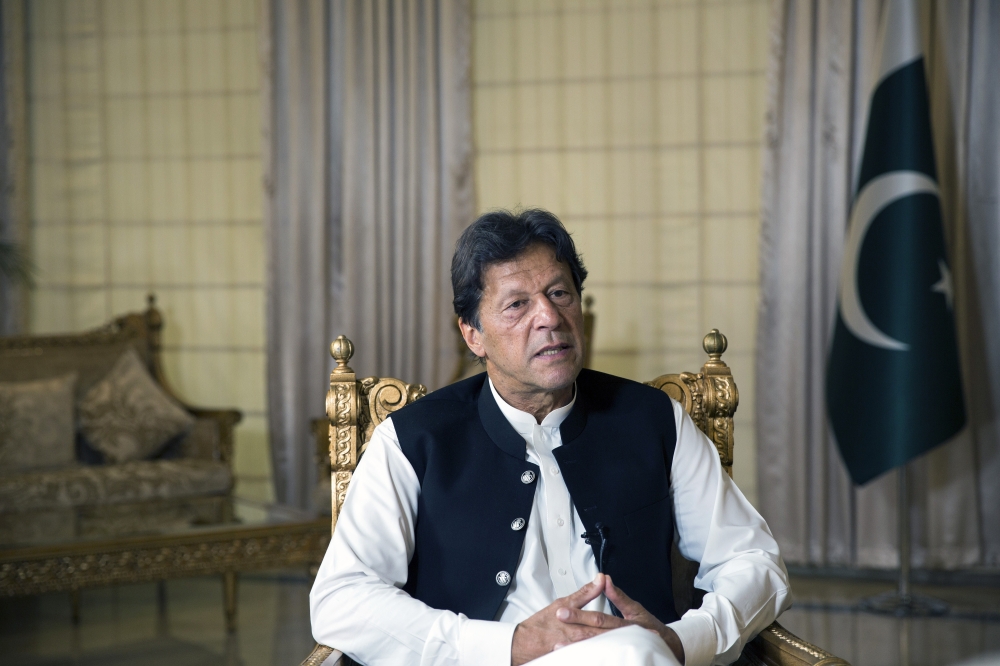 Prime Minister Imran Khan speaks to reporters at his residence in Isalamanad, Pakistan on April 9, 2019. (Saiyna Bashir/The New York Times)