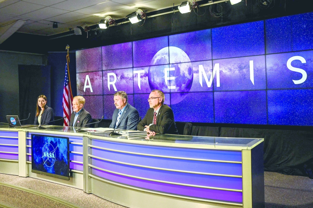 Kennedy Space Center Press Secretary Jackie McGuinness, Nasa Administrator Bill Nelson, Artemis Mission Manager Mike Sarafin, Associate Administrator for Exploration Systems Development James Free at a press conference in Cape Canaveral, Florida. -- AFP