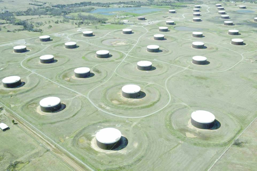 Crude oil storage tanks are seen from above at the Cushing oil hub in Cushing, Oklahoma.  — Reuters