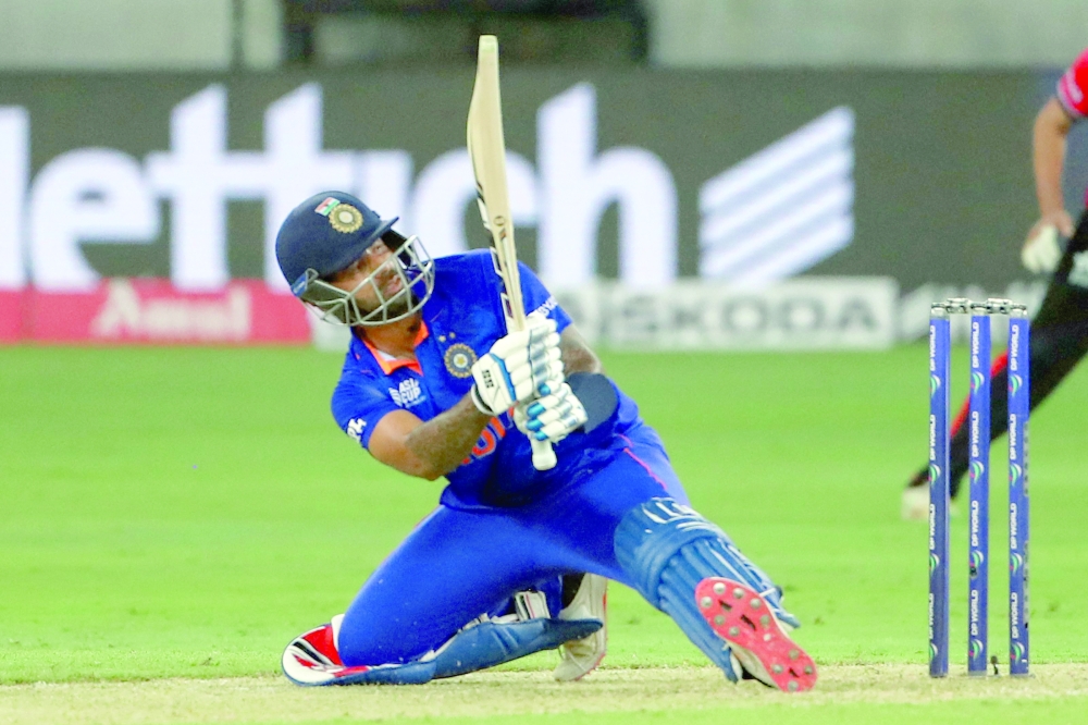 India's Suryakumar Yadav plays a shot during the Asia Cup Twenty20 international cricket match between India and Hong Kong at the Dubai International Cricket Stadium in Dubai on August 31, 2022. (Photo by Surjeet Yadav / AFP)

