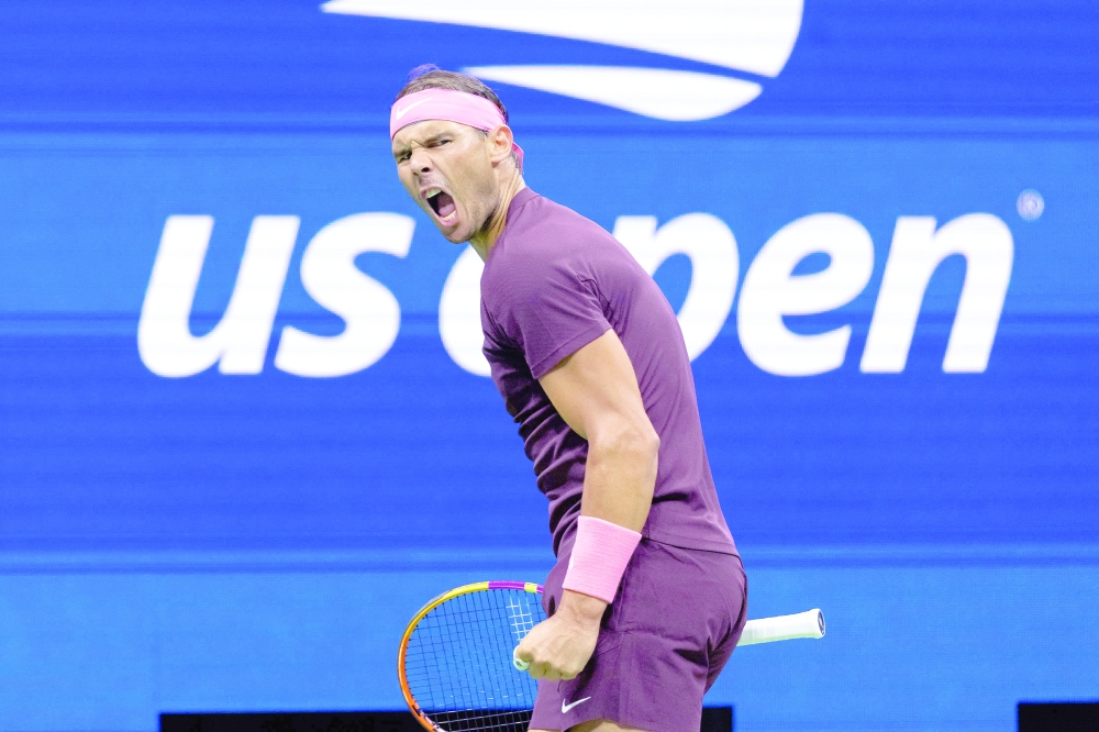 Spain's Rafael Nadal reacts after a point during his 2022 US Open Tennis tournament men's singles second round match against Italy's Fabio Fognini at the USTA Billie Jean King National Tennis Center in New York, on September 1, 2022. (Photo by COREY SIPKIN / AFP)

