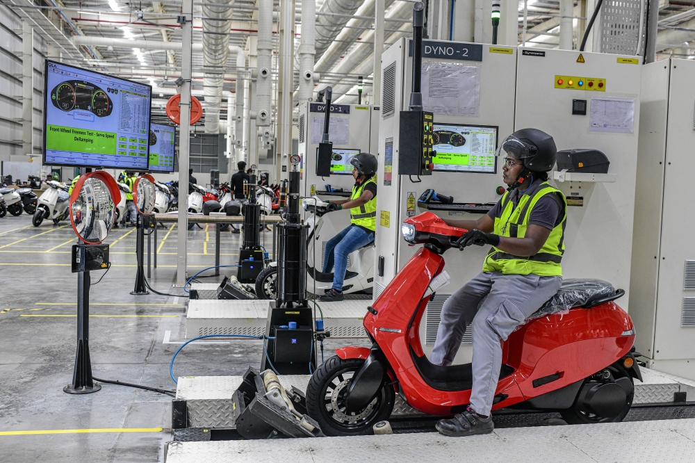 An Ola Electric factory, which makes electric mopeds and employs about 2,000 people, all of them women, in the southern Indian state of Tamil Nadu, Aug. 24, 2022. (Atul Loke/The New York Times)