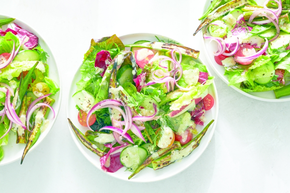 Charred Okra Salad with Spiced Onion in New York on Aug. 31, 2022. (David Malosh/The New York Times)