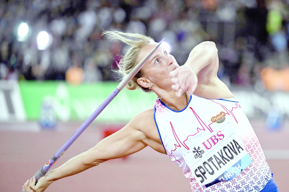 Czech Republic's Barbora Spotakova competes in the women's javelin final during the Diamond League athletics meeting at Stadion Letzigrund stadium in Zurich on September 8, 2022. (Photo by Fabrice COFFRINI / AFP)

