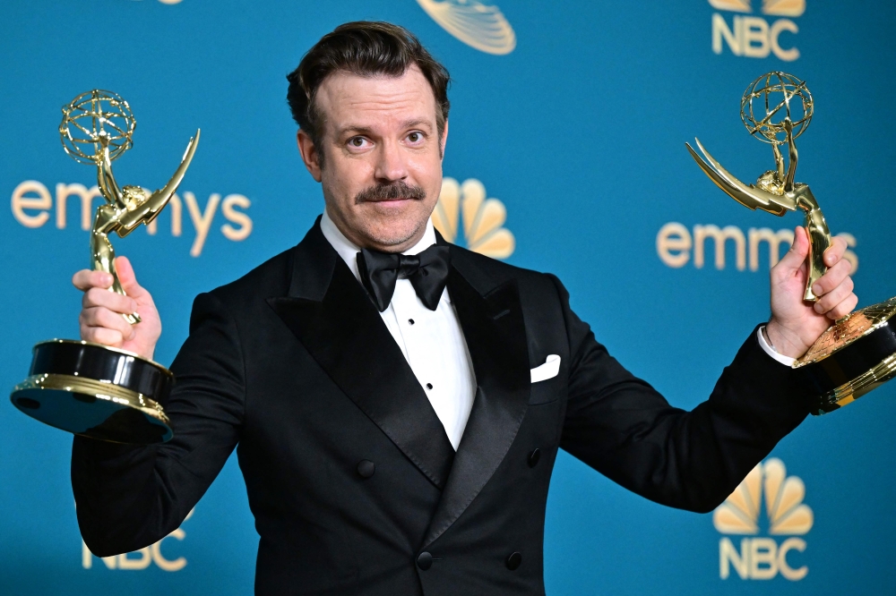  US actor Jason Sudeikis poses with the awards for Outstanding Comedy Series and Outstanding Lead Actor In A Comedy Series for "Ted Lasso"