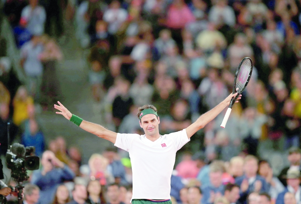 FILE PHOTO: Tennis - "The Match In Africa" Exhibition Match - Cape Town Stadium, Cape Town, South Africa - February 7, 2020   Switzerland's Roger Federer celebrates after winning the exhibition match against Spain's Rafael Nadal   REUTERS/Mike Hutchings/File Photo
