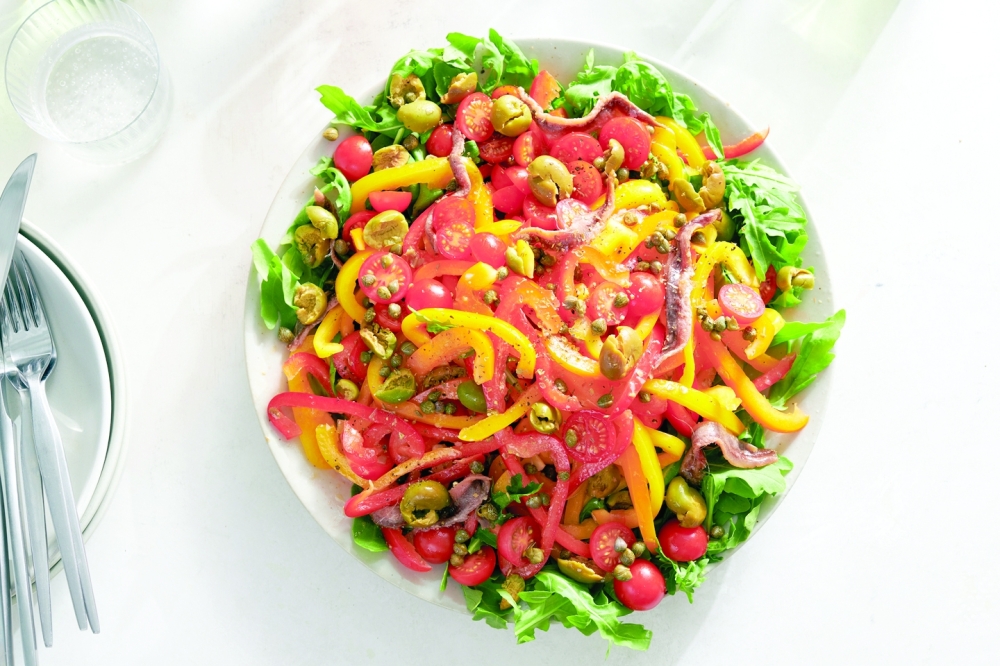 Bell pepper salad with capers and olives in New York, Aug. 31, 2022. Food styled by Greg Lofts. (David Malosh/The New York Times)