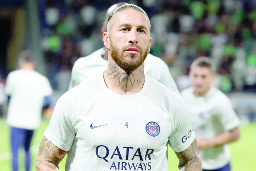 Paris Saint-Germain's Spanish defender Sergio Ramos warms-up ahead of the UEFA Champions League group H football match between Israel's Maccabi Haifa and France's Paris Saint-Germain (PSG) at the Sammy Ofer stadium in the city of Haifa on September 14, 2022. (Photo by JACK GUEZ / AFP)

