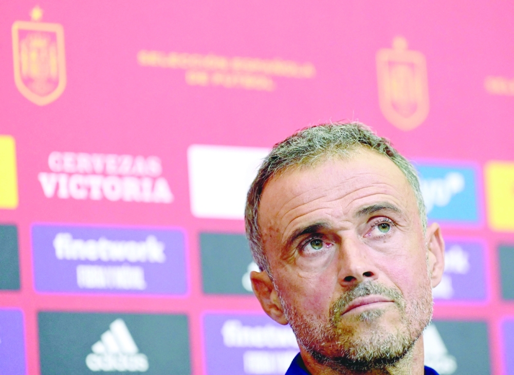 Spain's coach Luis Enrique holds a press conference to announce the list of summoned players ahead of the UEFA Nations League football matches against Switzerland and Portugal, at the Ciudad del Futbol training facilities in Las Rozas de Madrid on September 16, 2022. Luis Enrique named potential debutants Borja Iglesias and Nico Williams in his Spain squad today for the Nations League games against Switzerland and Portugal next week, while leaving out Ansu Fati.  (Photo by JAVIER SORIANO / AFP)


