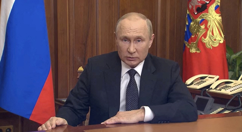 Russian President Vladimir Putin makes an address on the conflict with Ukraine, in Moscow, Russia, in this still image taken from video released September 21, 2022. 