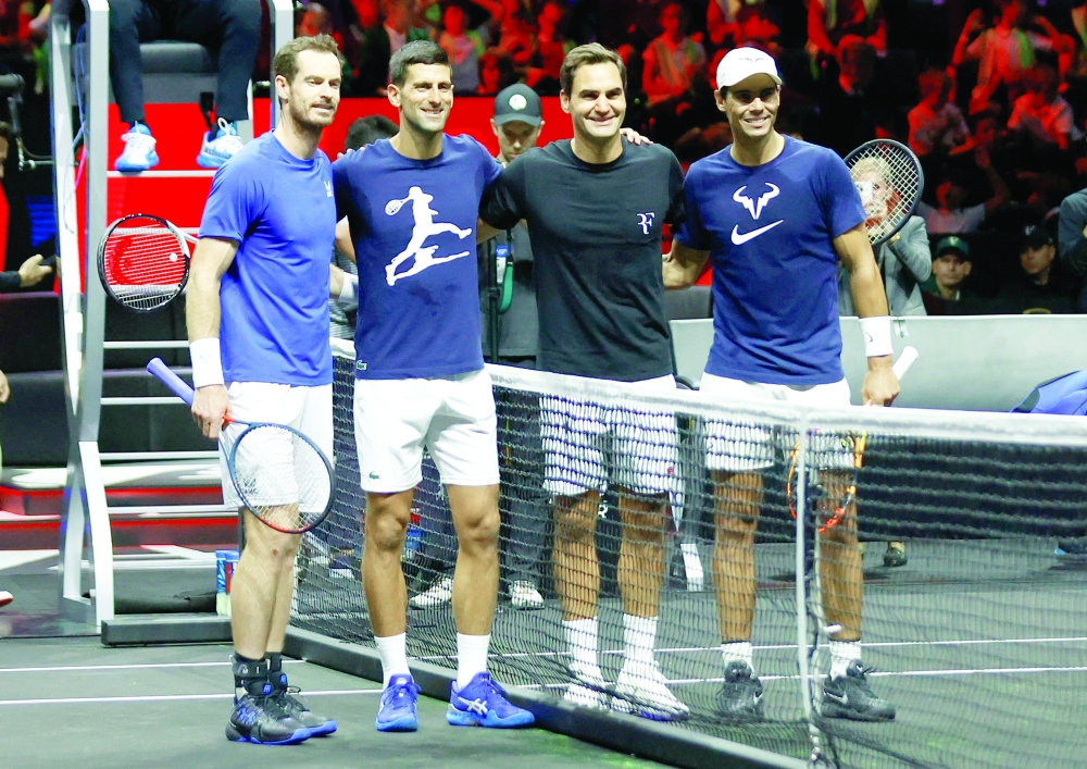 Tennis - Laver Cup - Media Day - 02 Arena, London, Britain - September 22, 2022 Team Europe's Andy Murray, Novak Djokovic, Roger Federer and Rafael Nadal pose during practice Action Images via Reuters/Andrew Boyers
