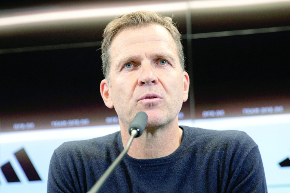 Oliver Bierhoff, technical director of the German national football team, speaks during a press conference of the German national football team on September 20, 2022 in Frankfurt am Main, western Germany, two days before the UEFA Nations League Group 3 football match between Germany and Hungary. (Photo by ANDRE PAIN / AFP)

