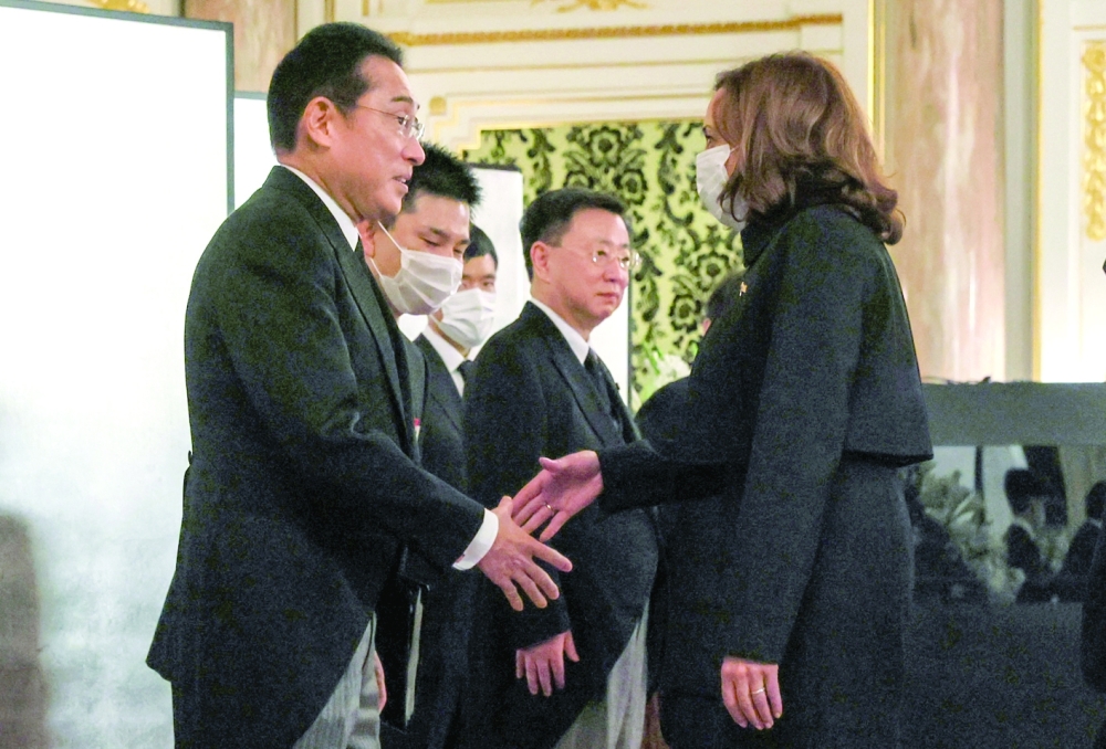 US Vice-President Kamala Harris meets Japanese Prime Minister Fumio Kishida and Chief Cabinet Secretary Hirokazu Matsuno to express sympathy for former Japan's former prime minister Shinzo Abe's death at Akasaka Palace in Tokyo. - Reuters