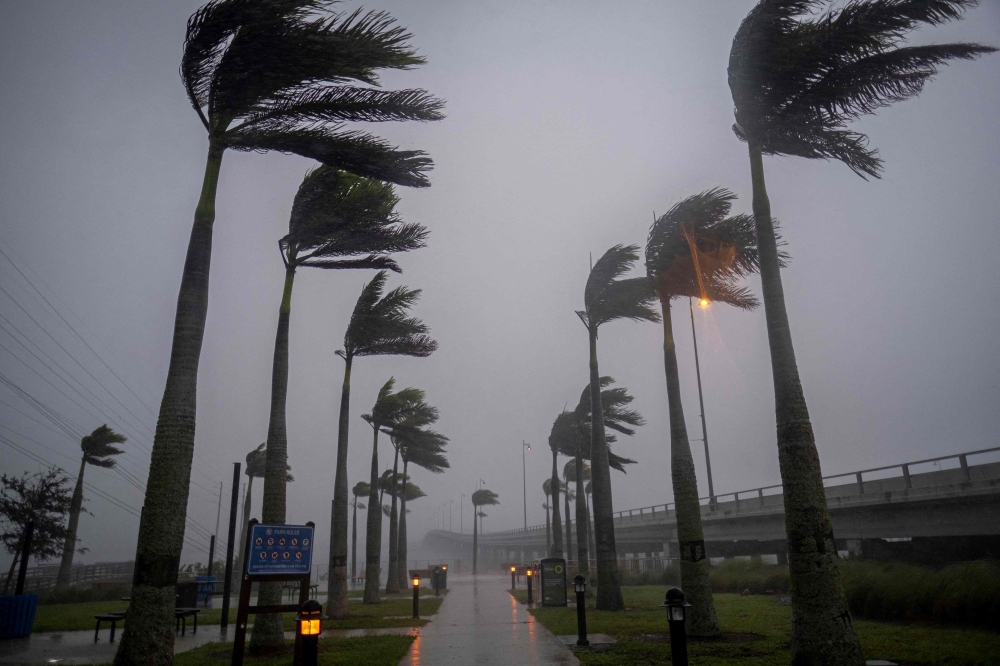 Wind blows palm trees ahead of Hurricane Ian in Charlotte Harbor, Florida, on September 28, 2022. 