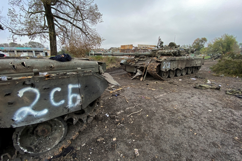 Abandoned Russian tanks are seen in the village of Kurylivka, amid Russia's attack on Ukraine, in Kharkiv region, Ukraine October 1, 2022.