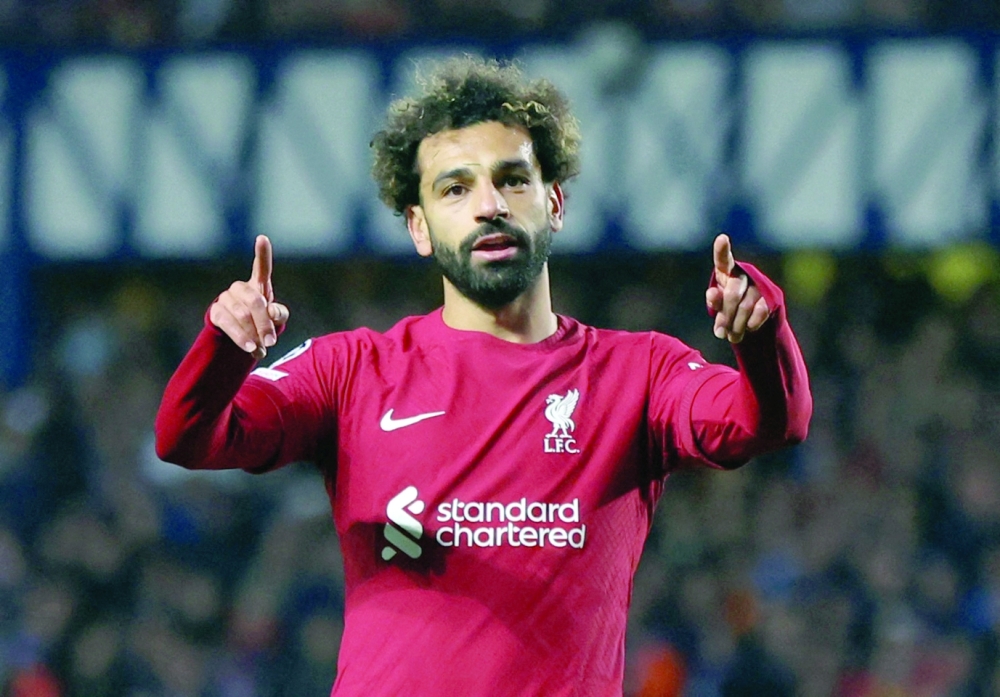 Soccer Football - Champions League - Group A - Rangers v Liverpool - Ibrox Stadium, Glasgow, Scotland, Britain - October 12, 2022  Liverpool's Mohamed Salah celebrates scoring their fifth goal Action Images via Reuters/Lee Smith

