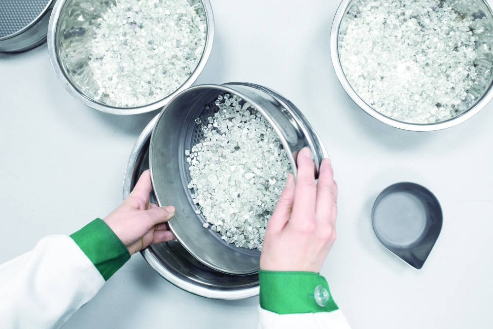 Diamonds being sorted at a facility operated by Alrosa, the Russian state-owned diamond company, in Mirny, Russia, on March 26, 2018. (Maxim Babenko/The New York Times)