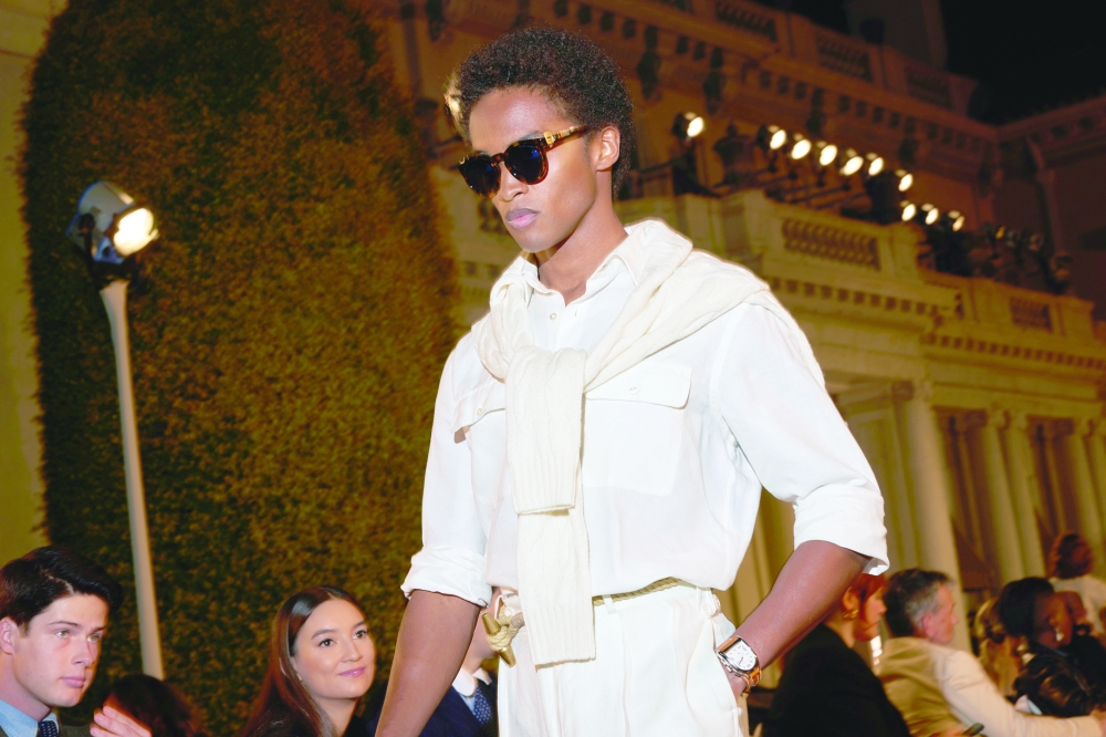 A model presents a look at the Ralph Lauren spring 2023 fashion show in San Marino, Calif., Oct. 13, 2022. (Maggie Shannon/The New York Times)