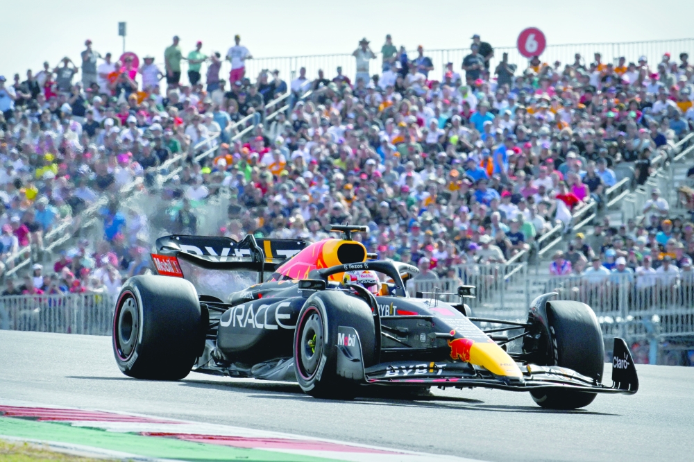 Oct 23, 2022; Austin, Texas, USA; Red Bull Racing Limited driver Max Verstappen (1) of Team Netherlands during the running of the U.S. Grand Prix F1 race at Circuit of the Americas. Mandatory Credit: Jerome Miron-USA TODAY Sports
