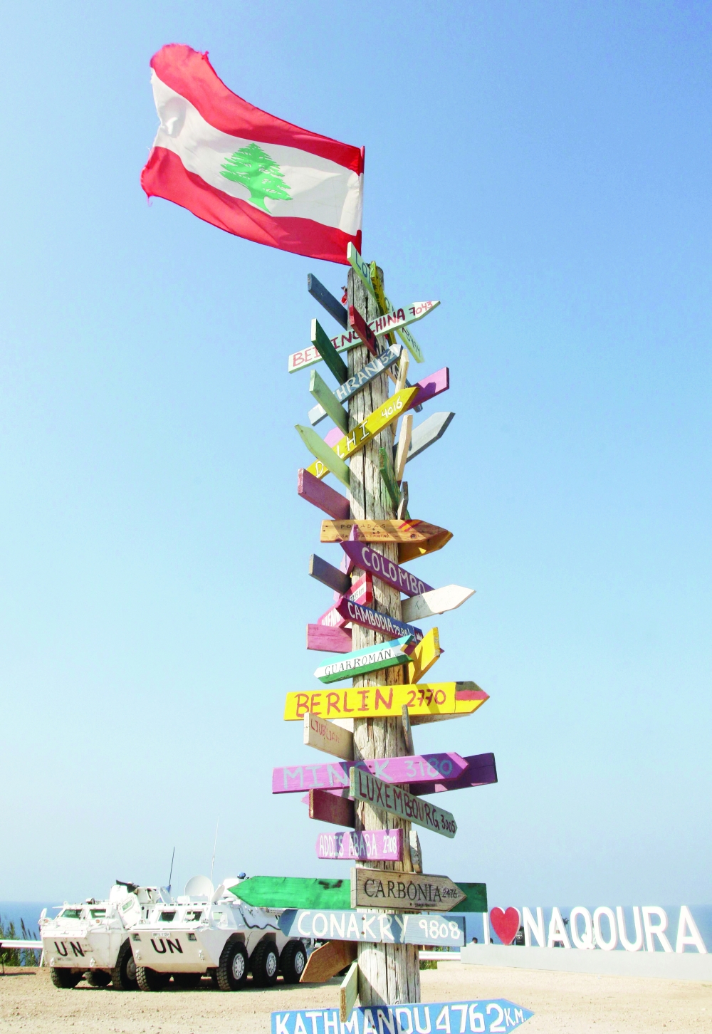 United Nations peacekeeping force in Lebanon vehicles are stationed along the main road near Lebanon's southern town of Naqura, where the exchange of agreements is due to take place. -- AFP