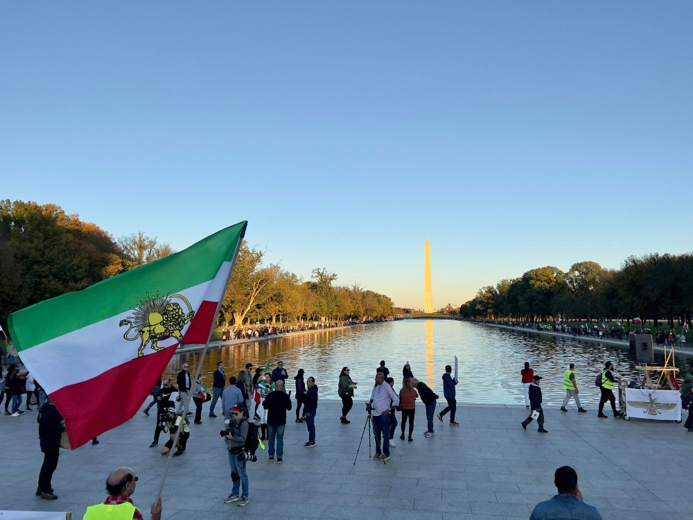 Demonstrators in solidarity with protesters in Iran march in Washington, DC, on October 29, 2022. Iran has been rocked by protests since 22-year-old Mahsa Amini's death on September 16, three days after she was arrested. 

