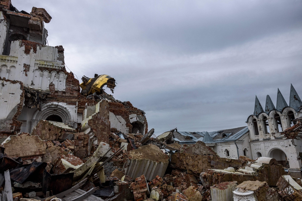 This photograph taken on November 2, 2022, shows a part of the destroyed Orthodox Svyato-Heorhiyivs'kyy Skyt of the Sviatohirsk Cave Monastery in the village of Dolina near Svyatohirs'k, Donetsk region, amid the Russian invasion of Ukraine.  
