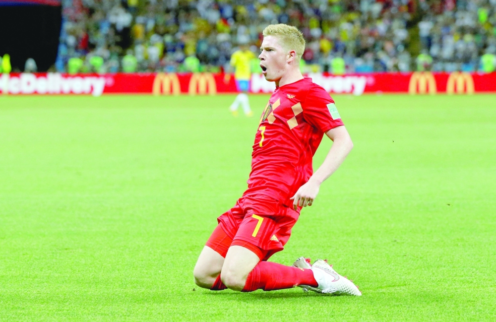 FILE PHOTO: Soccer Football - World Cup - Quarter Final - Brazil vs Belgium - Kazan Arena, Kazan, Russia - July 6, 2018  Belgium's Kevin De Bruyne celebrates scoring their second goal    REUTERS/John Sibley/File Photo
