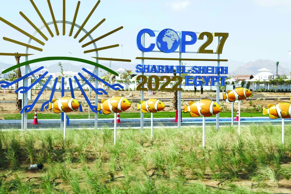 A picture shows the entrance of the Sharm El Sheikh International Convention Centre, in Egypt's Red Sea resort, on Monday during the 2022 United Nations Climate Change Conference. - AFP