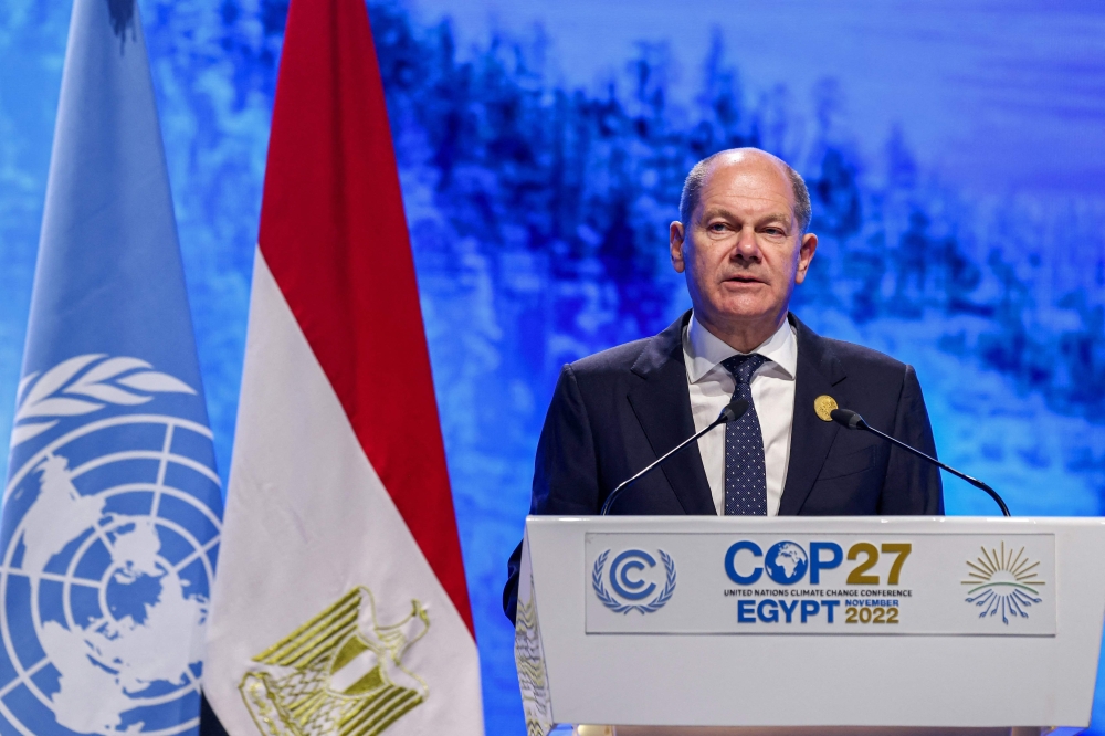 German Chancellor Olaf Scholz delivers a speech at the leaders summit of the COP27 climate conference at the Sharm el-Sheikh International Convention Centre, in Egypt's Red Sea resort city of the same name, on November 7, 2022.