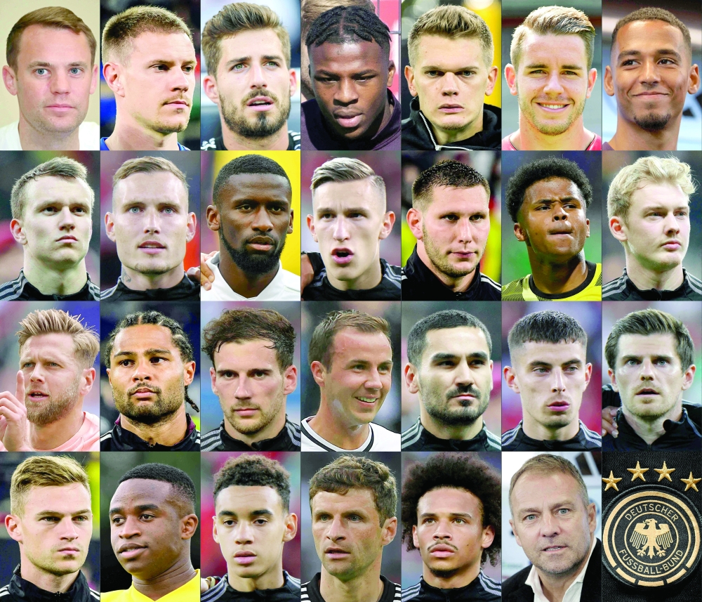 (COMBO) This combination of file photos created in Berlin on November 10, 2022 shows (first row, LtoR) Germany's goalkeeper Manuel Neuer in Budapest on June 13, 2022, Germany's goalkeeper Marc-Andre Ter Stegen in Leipzig on September 23, 2022, Germany's goalkeeper Kevin Trapp in Leverkusen on June 8, 2018, Germany's defender Armel Bella-Kotchap in Frankfurt am Main on September 22, 2022, Germany's defender Matthias Ginter in Hamburg on September 6, 2019, Freiburg's German defender Christian Guenter in Freiburg on August 7, 2018, Germany's defender Thilo Kehrer in Frankfurt am Main on September 21, 2022, (second row, LtoR) Germany's defender Lukas Klostermann in Frankfurt am Main on November 19, 2019, Germany's midfielder David Raum in Budapest on June 11, 2022, Germany's defender Antonio Rudiger in Klagenfurt on June 2, 2018, Germany's defender Nico Schlotterbeck in Budapest on June 11, 2022, Germany's defender Niklas Suele in Leipzig on September 23, 2022, Dortmund's German forward Karim Adeyemi in Munich on July 29, 2022, Germany's midfielder Julian Brandt in Frankfurt am Main on November 19, 2019, (third row, LtoR) Bremen's German forward Niclas Fuellkrug in Wolfsburg on August 6, 2022, Germany's forward Serge Gnabry in Leipzig on September 23, 2022, Germany's midfielder Leon Goretzka in Bologna on June 4, 2022, Frankfurt's German midfielder Mario Goetze in Frankfurt am Main on October 1, 2022, Germany's midfielder Ilkay Guendogan in Frankfurt am Main on November 19, 2019, Germany's midfielder Kai Havertz in Budapest on June 11, 2022, Germany's midfielder Jonas Hofmann in Budapest on June 11, 2022, (fourth row, LtoR) Germany's midfielder Joshua Kimmich in Leipzig on September 23, 2022, Borussia Dortmund's German forward Youssoufa Moukoko in Dortmund on June 29, 2022, Germany's midfielder Jamal Musiala in Budapest on June 11, 2022, Germany's forward Thomas Mueller in Munich on June 7, 2022,  Germany's midfielder Leroy Sane in Bologna on June 4, 2022, Germany's head coach Hansi Flick in Frankfurt am Main on November 10, 2022 and the jersey of the Germany national football team with the logo of the German Football Federation DFB in Paris on November 8, 2022 ahead of the Football FIFA World Cup 2022 in Qatar. Germany's head coach Hansi Flick announced on November 10, 2022 his squad for the FIFA Football World Cup 2022. Borussia Dortmund captain Marco Reus has been omitted from Germany's squad for the World Cup, while 2014 World Cup hero Mario Goetze makes a shock return. Flick also selected uncapped duo Werder Bremen striker Niklas Fuellkrug and 17-year-old Dortmund forward Youssoufa Moukoko. - 
 (Photo by AFP)

