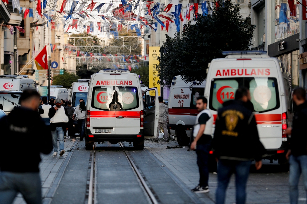 View of ambulances at the scene after an explosion on busy pedestrian Istiklal street in Istanbul, Turkey, November 13, 2022.